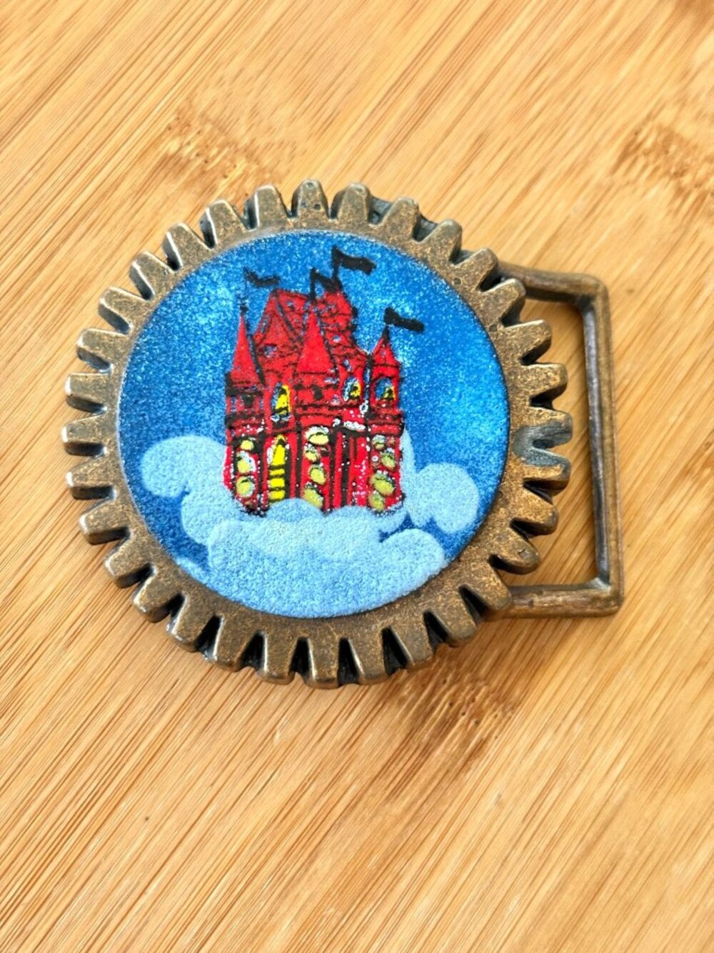 Vintage Mid Century Solid Brass Belt Buckle Of Hand Painted Castle On Tile